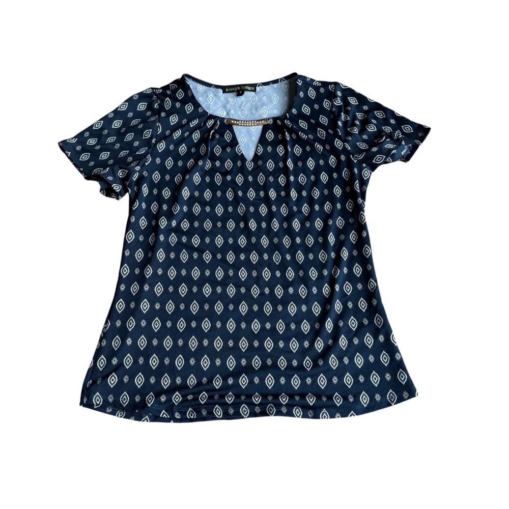 Always Indigo Women’s Navy‎ Blue Patterned Geometric Short Sleeve Top Size S